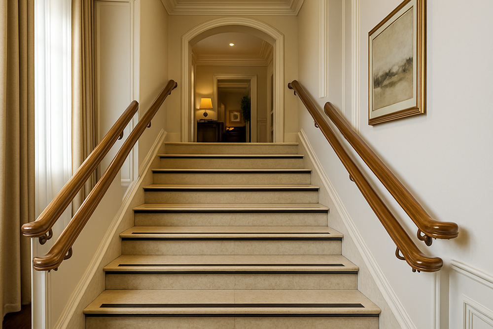 Safe staircase in a Calgary home with double handrails and high-contrast step edges