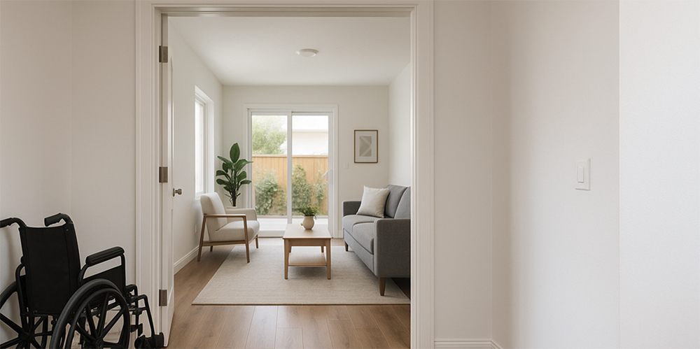 Widened doorway in a Calgary home with lever handles and smooth, barrier-free transitions